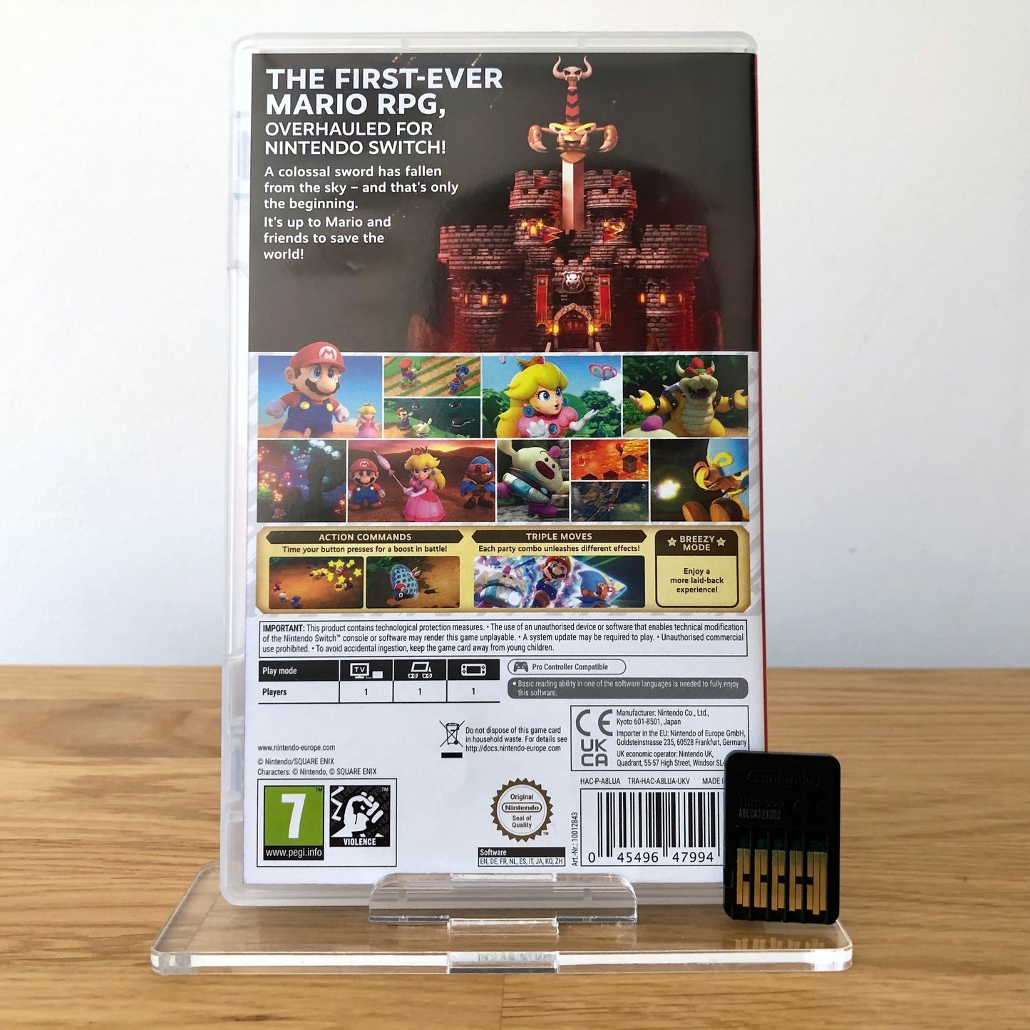 Back cover of Super Mario RPG for Nintendo Switch, showing game details, features, and back of cartridge.