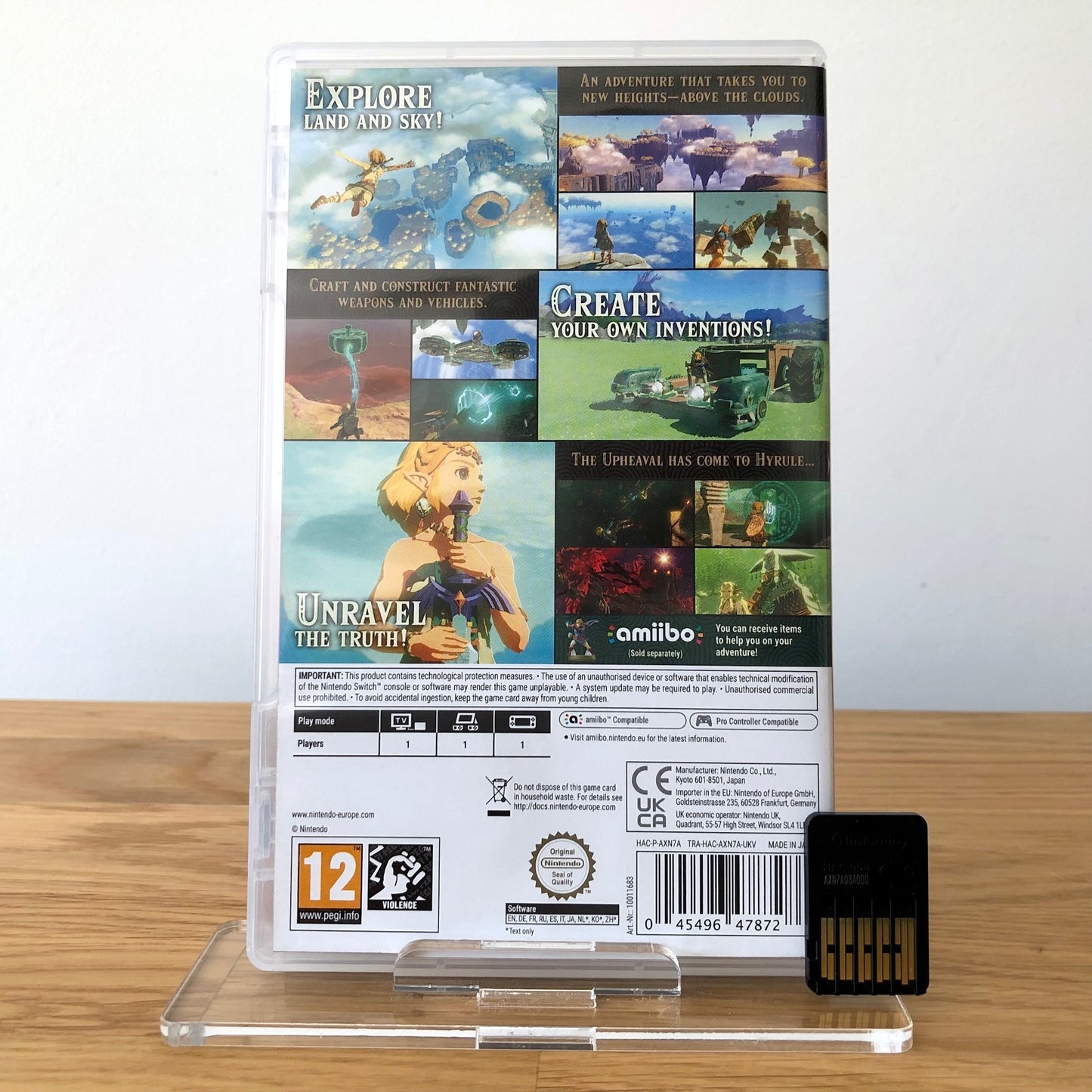 Back cover of The Legend of Zelda: Tears of the Kingdom for Nintendo Switch, showing game details, features, and back of cartridge.