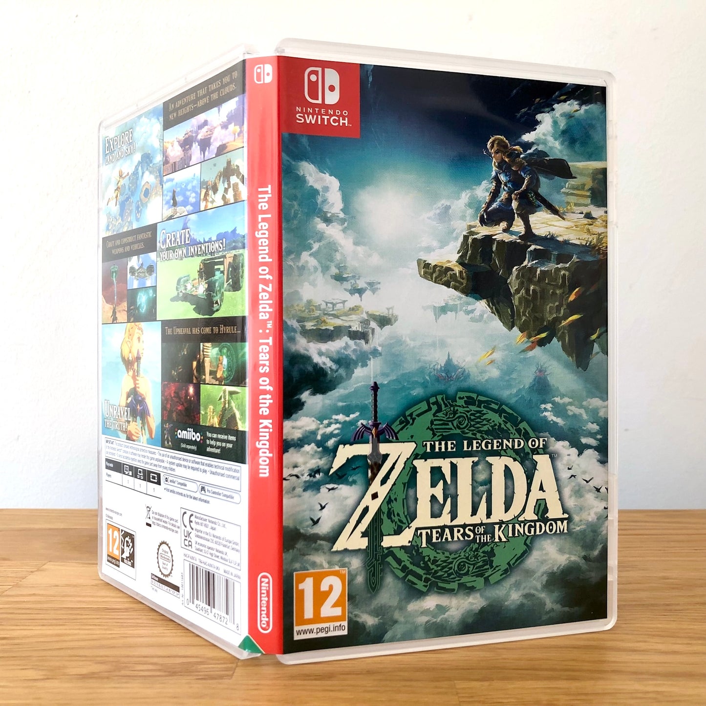 Angled front view of The Legend of Zelda: Tears of the Kingdom for Nintendo Switch, highlighting cover artwork.