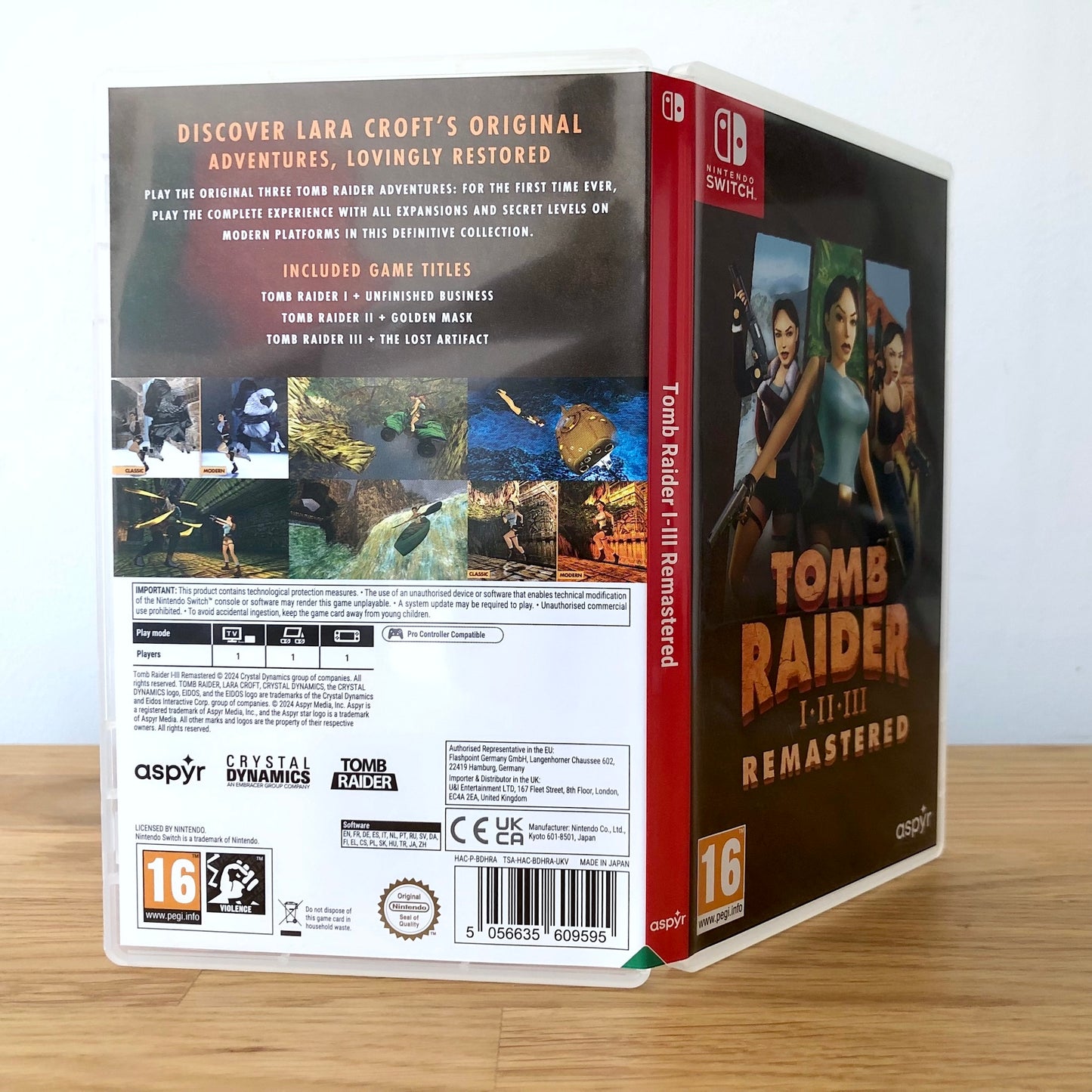 Angled back view of Tomb Raider I–III Remastered for Nintendo Switch, showing full back cover artwork.