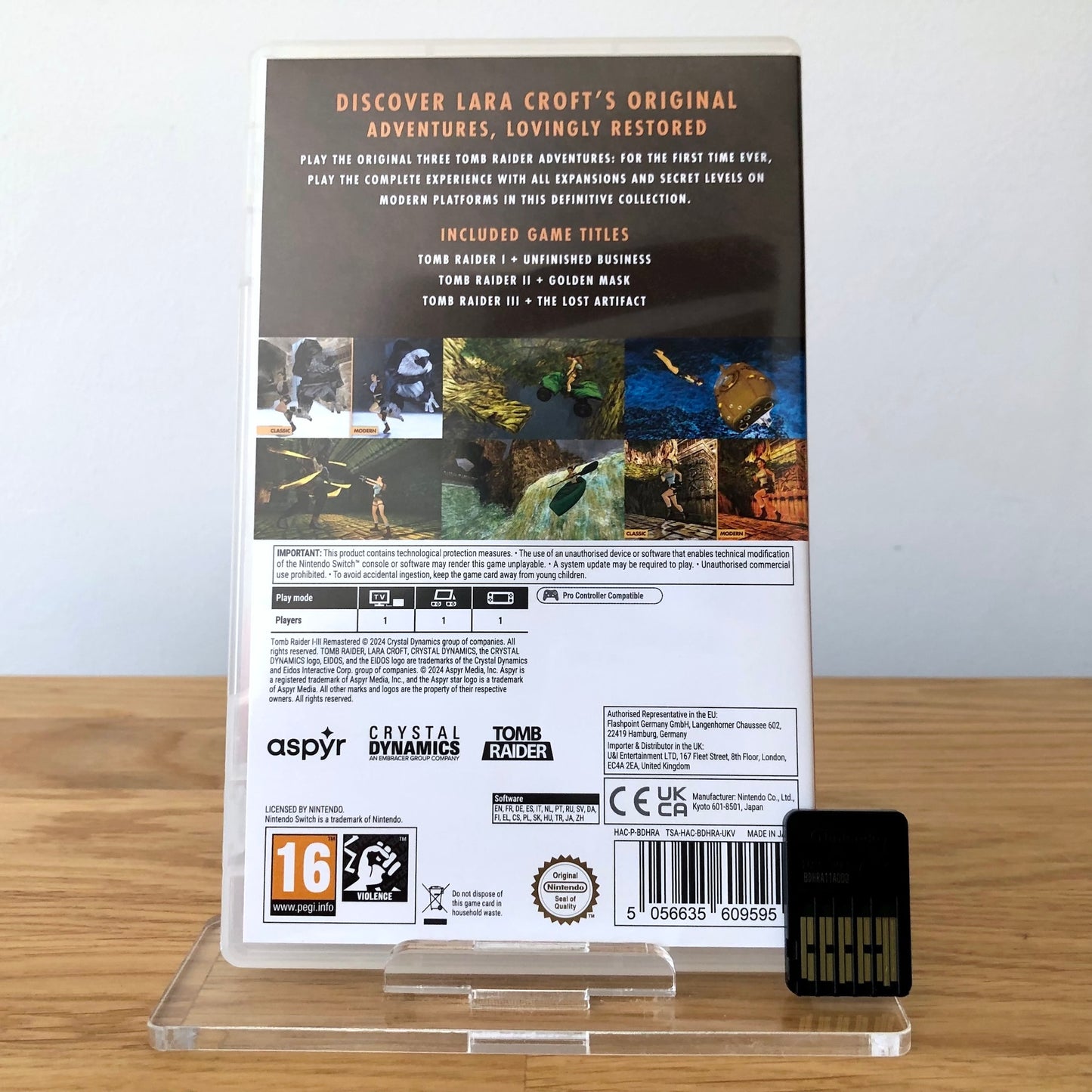 Back cover of Tomb Raider I–III Remastered for Nintendo Switch, showing game details, features, and back of cartridge.