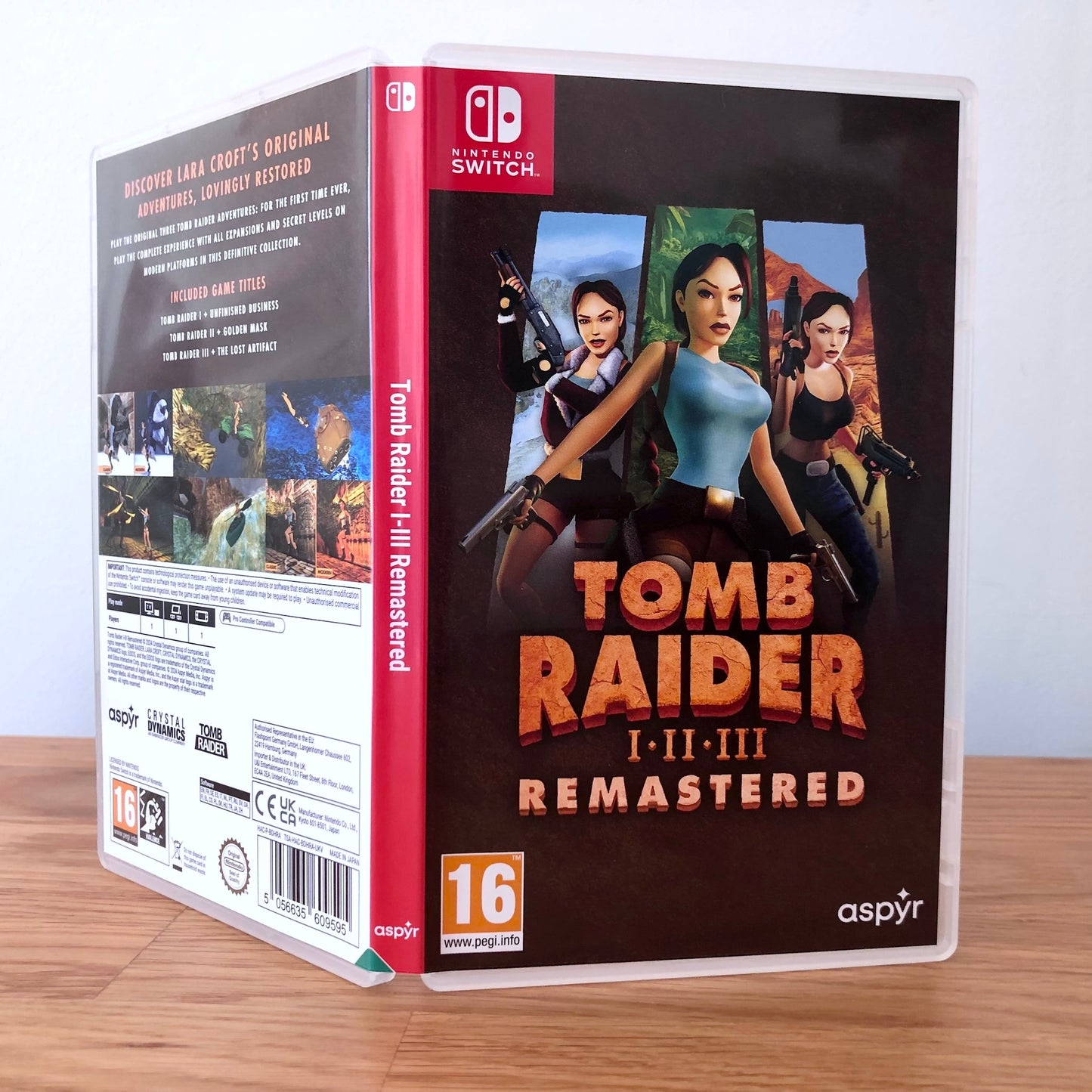 Angled front view of Tomb Raider I–III Remastered for Nintendo Switch, showing full front cover artwork.