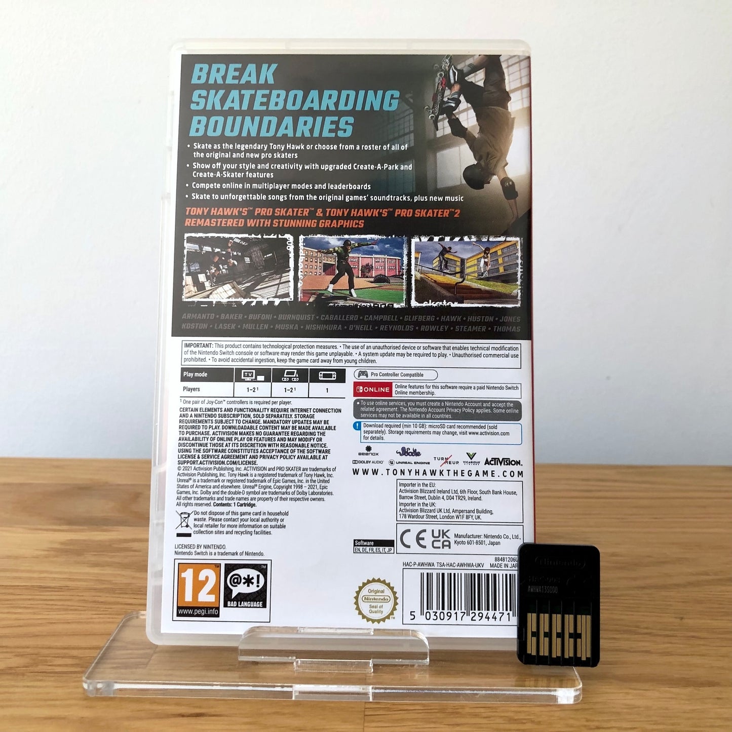 Back cover of Tony Hawk's Pro Skater 1 + 2 for Nintendo Switch, showing game details, features, and back of cartridge.