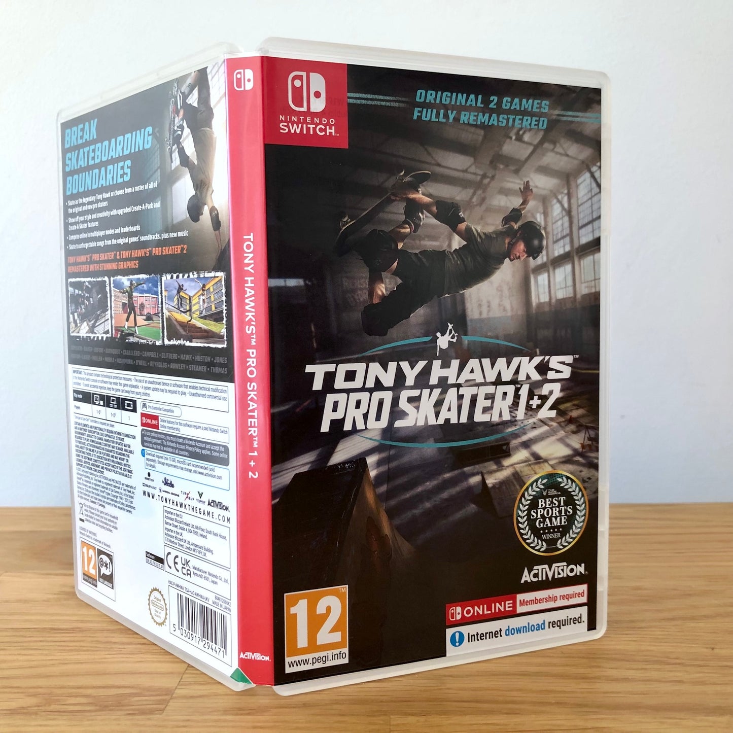 Angled front view of Tony Hawk's Pro Skater 1 + 2 for Nintendo Switch, showing full front cover artwork.