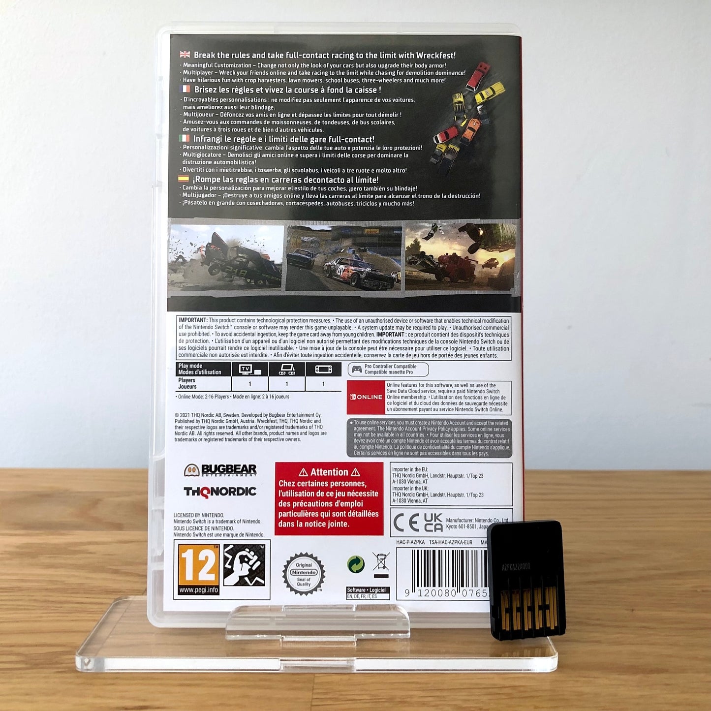 Back cover of Wreckfest for Nintendo Switch, showing game details, features, and back of cartridge.