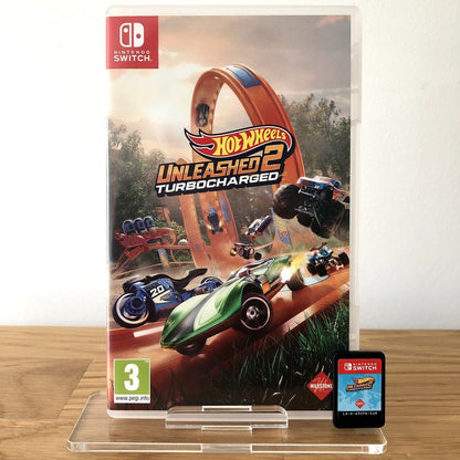 Front case cover of Hot Wheels Unleashed 2 Turbocharged for Nintendo Switch, featuring game artwork, title, and front of cartridge.