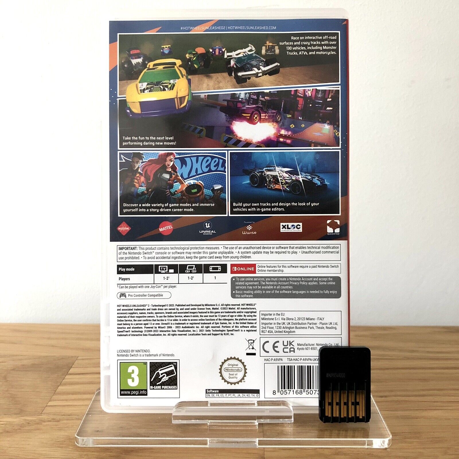 Back case cover of Hot Wheels Unleashed 2 Turbocharged for Nintendo Switch, showing game details, features, and back of cartridge.