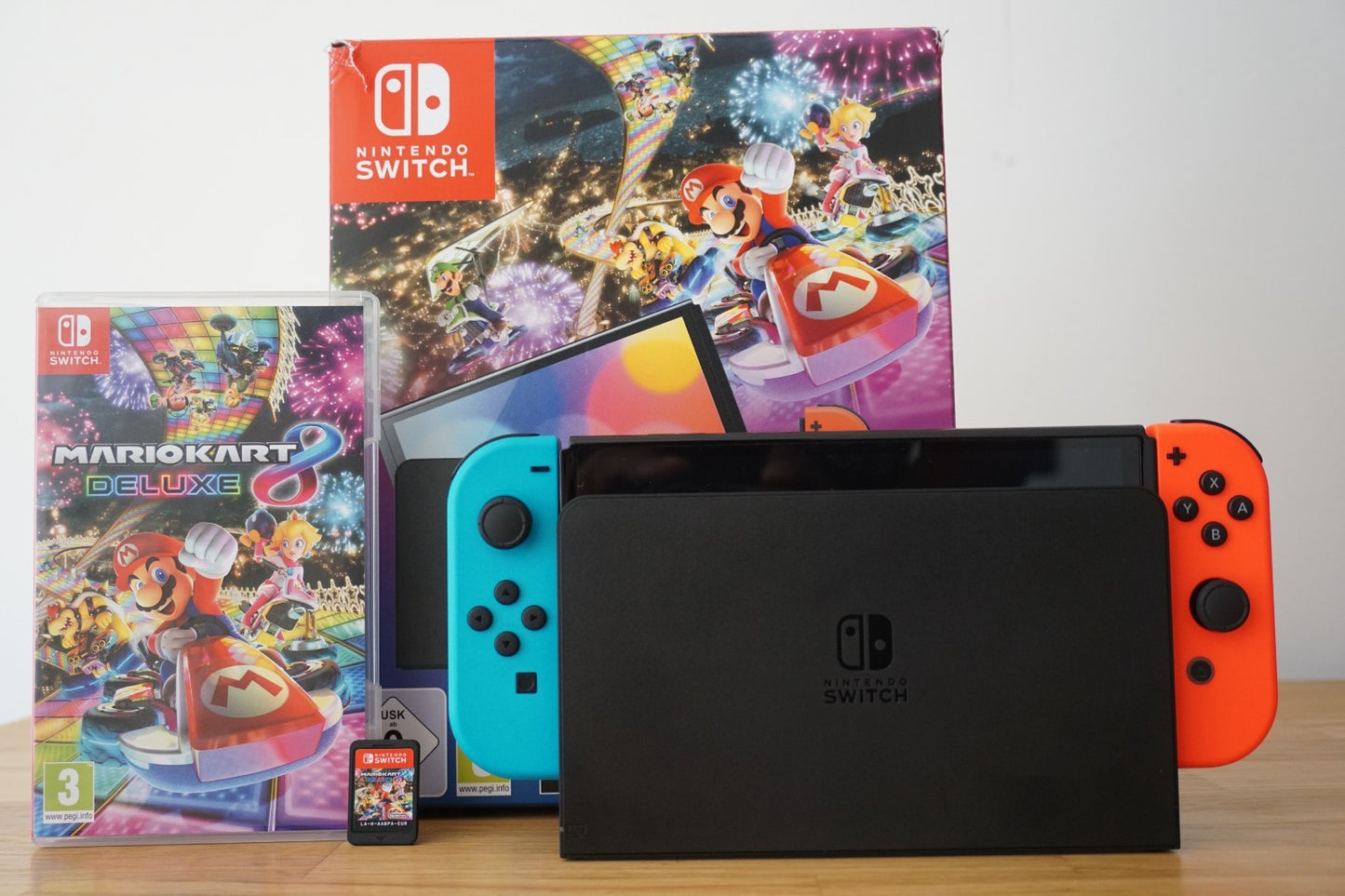 Nintendo Switch OLED Console 64GB Bundle | Neon Blue & Red | Mario Kart 8 Deluxe