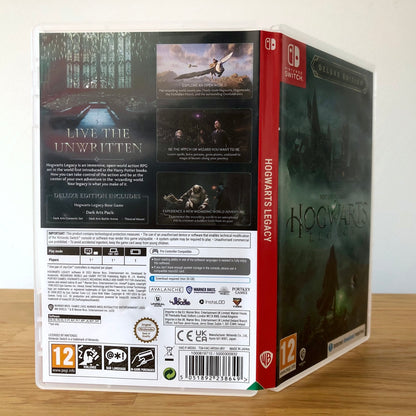 Angled back view of Hogwarts Legacy for Nintendo Switch, showing full back cover artwork.