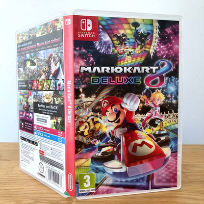 Angled front view of Mario Kart 8 Deluxe for Nintendo Switch, showing full front cover artwork.