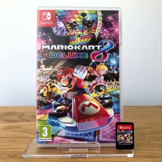 Front cover of Mario Kart 8 Deluxe for Nintendo Switch, featuring game artwork, title, and front of cartridge.