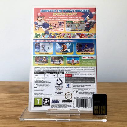 Back cover of Mario & Sonic at the Olympic Games: Tokyo 2020 for Nintendo Switch, showing game details, features, and back of cartridge.