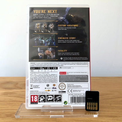 Back cover of Mortal Kombat 11 for Nintendo Switch, showing game details, features, and back of cartridge.