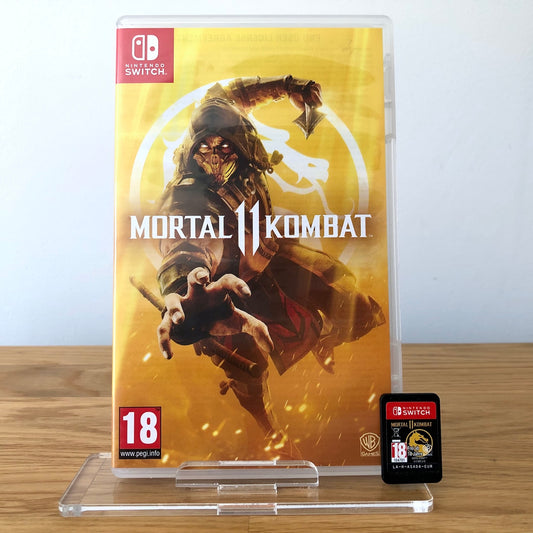 Front cover of Mortal Kombat 11 for Nintendo Switch, featuring game artwork, title, and front of cartridge.