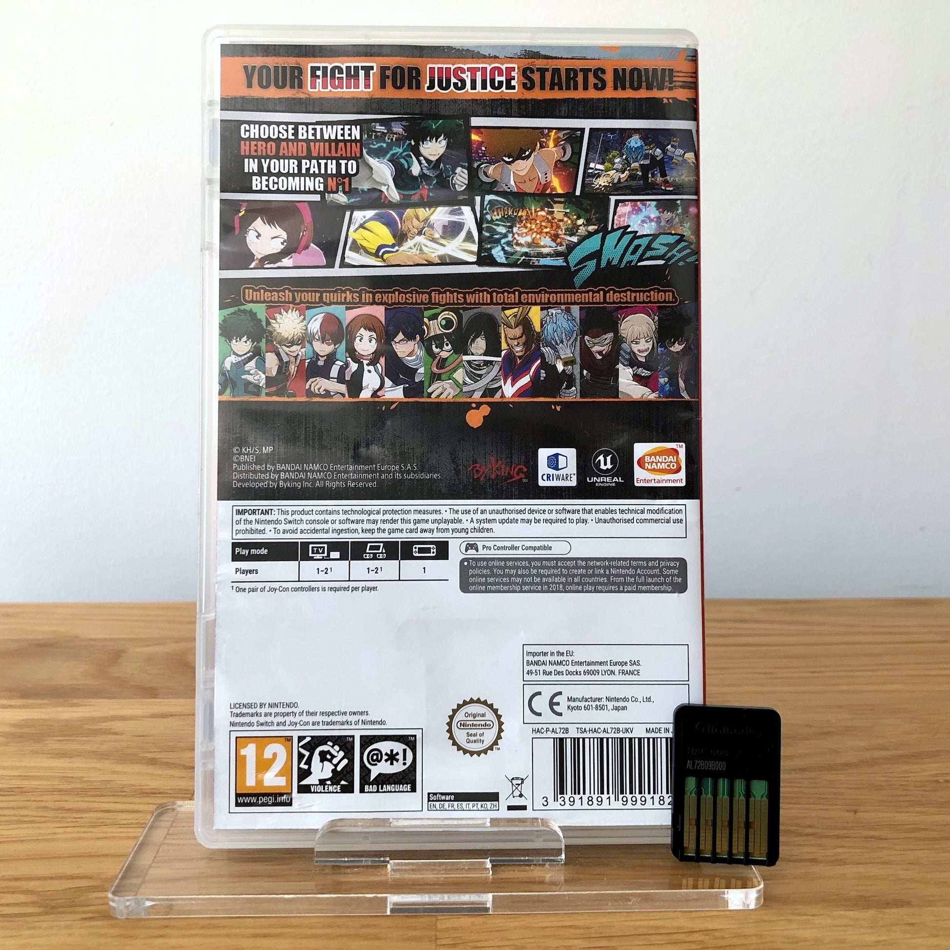 Back cover of My Hero One’s Justice for Nintendo Switch, showing game details, features, and back of cartridge.