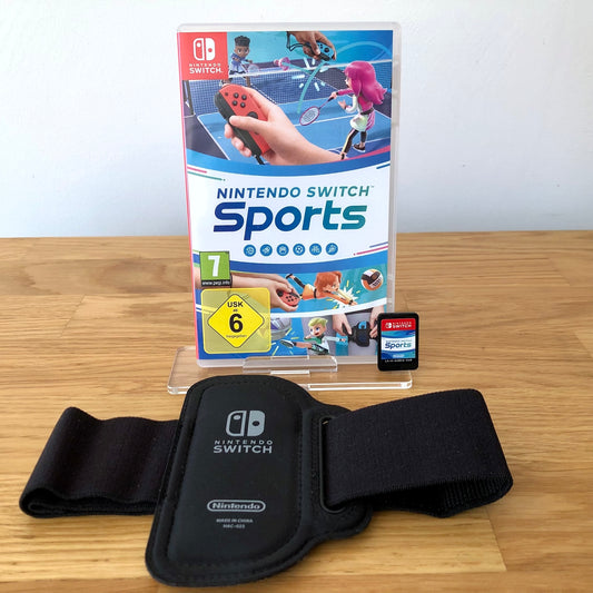 Front cover of Nintendo Switch Sports for Nintendo Switch, showing the game case with the cartridge and leg strap.