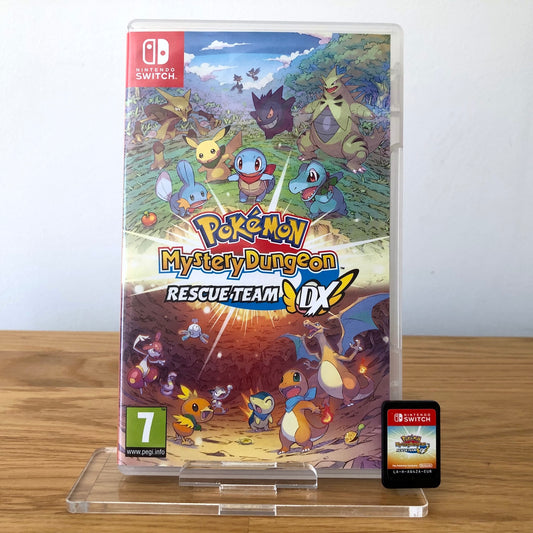 Front cover of Pokémon Mystery Dungeon Rescue Team DX for Nintendo Switch, featuring game artwork, title, and front of cartridge.