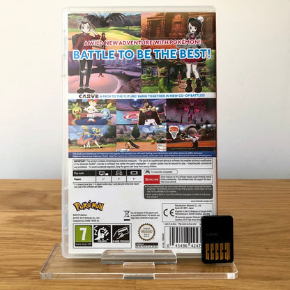 Back cover of Pokémon Sword for Nintendo Switch, showing game details, features, and back of cartridge.