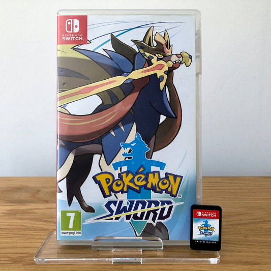 Front cover of Pokémon Sword for Nintendo Switch, featuring game artwork, title, and front of cartridge.