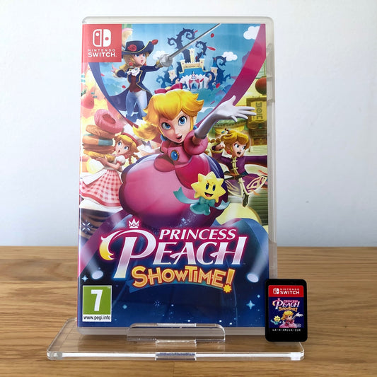 Front cover of Princess Peach Showtime! for Nintendo Switch, featuring game artwork, title, and front of cartridge.