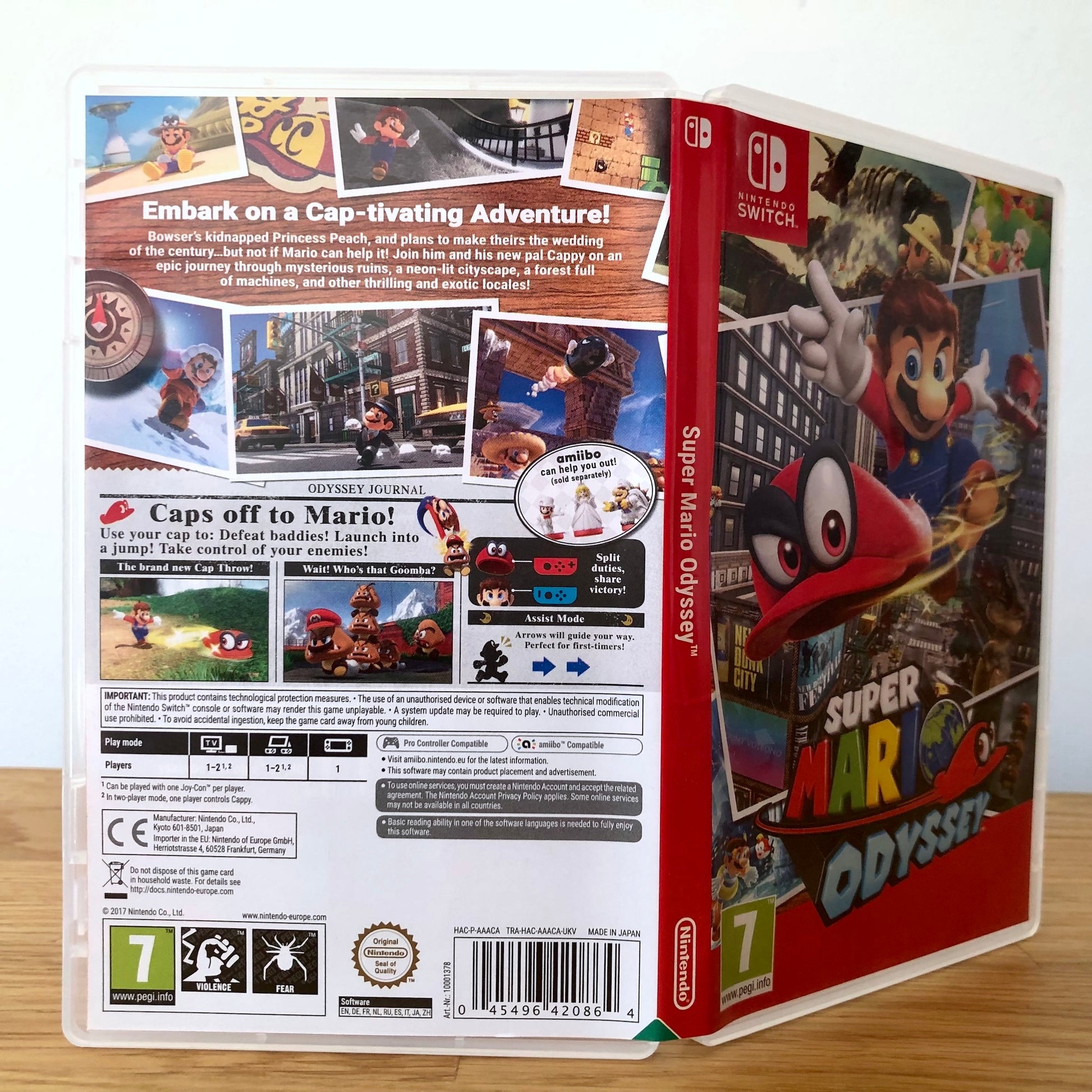 Angled back view of Super Mario Odyssey for Nintendo Switch, showing full back cover artwork.