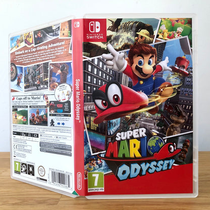 Angled front view of Super Mario Odyssey for Nintendo Switch, showing full front cover artwork.