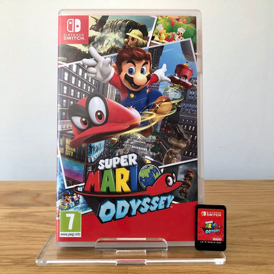 Front cover of Super Mario Odyssey for Nintendo Switch, featuring game artwork, title, and front of cartridge.  