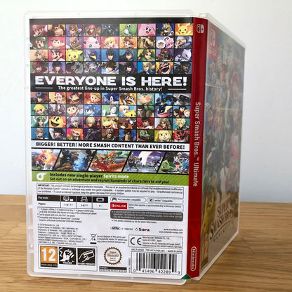 Angled back view of Super Smash Bros. Ultimate for Nintendo Switch, showing full back cover artwork.  