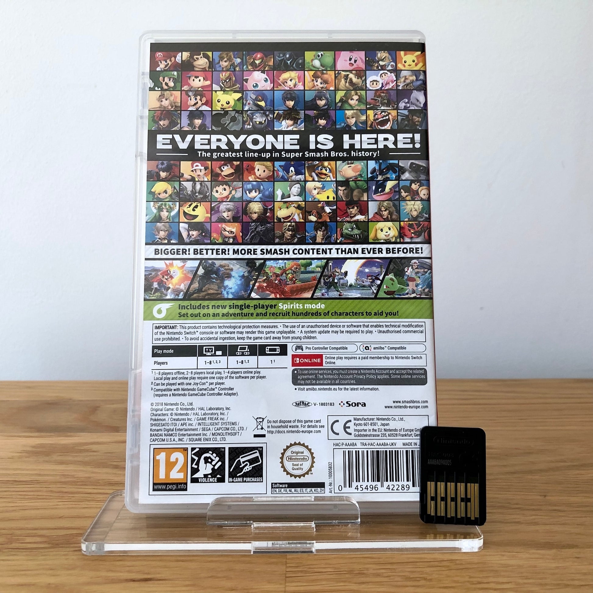 Back cover of Super Smash Bros. Ultimate for Nintendo Switch, showing game details, features, and back of cartridge. 