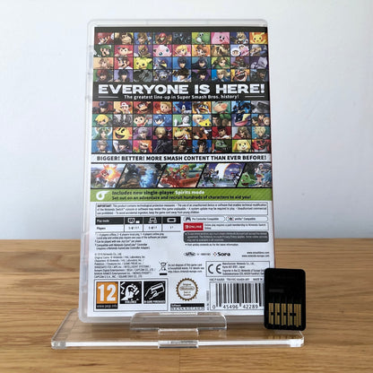 Back cover of Super Smash Bros. Ultimate for Nintendo Switch, showing game details, features, and back of cartridge. 