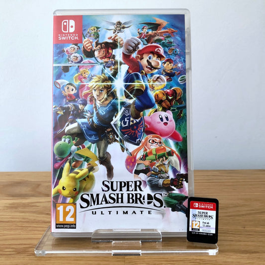 Front cover of Super Smash Bros. Ultimate for Nintendo Switch, featuring game artwork, title, and front of cartridge.
