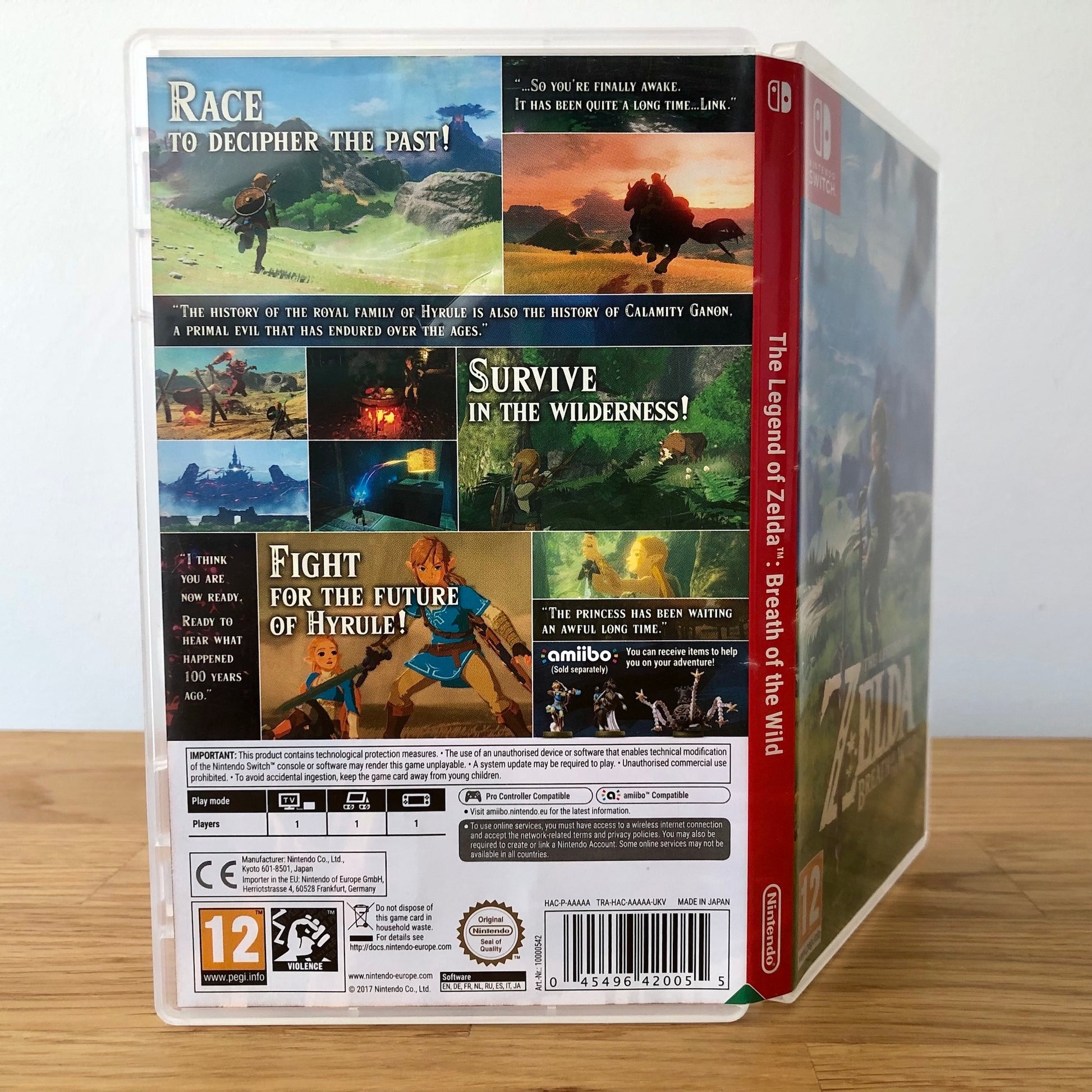 Angled back view of The Legend of Zelda: Breath of the Wild for Nintendo Switch, showing full back cover artwork.  