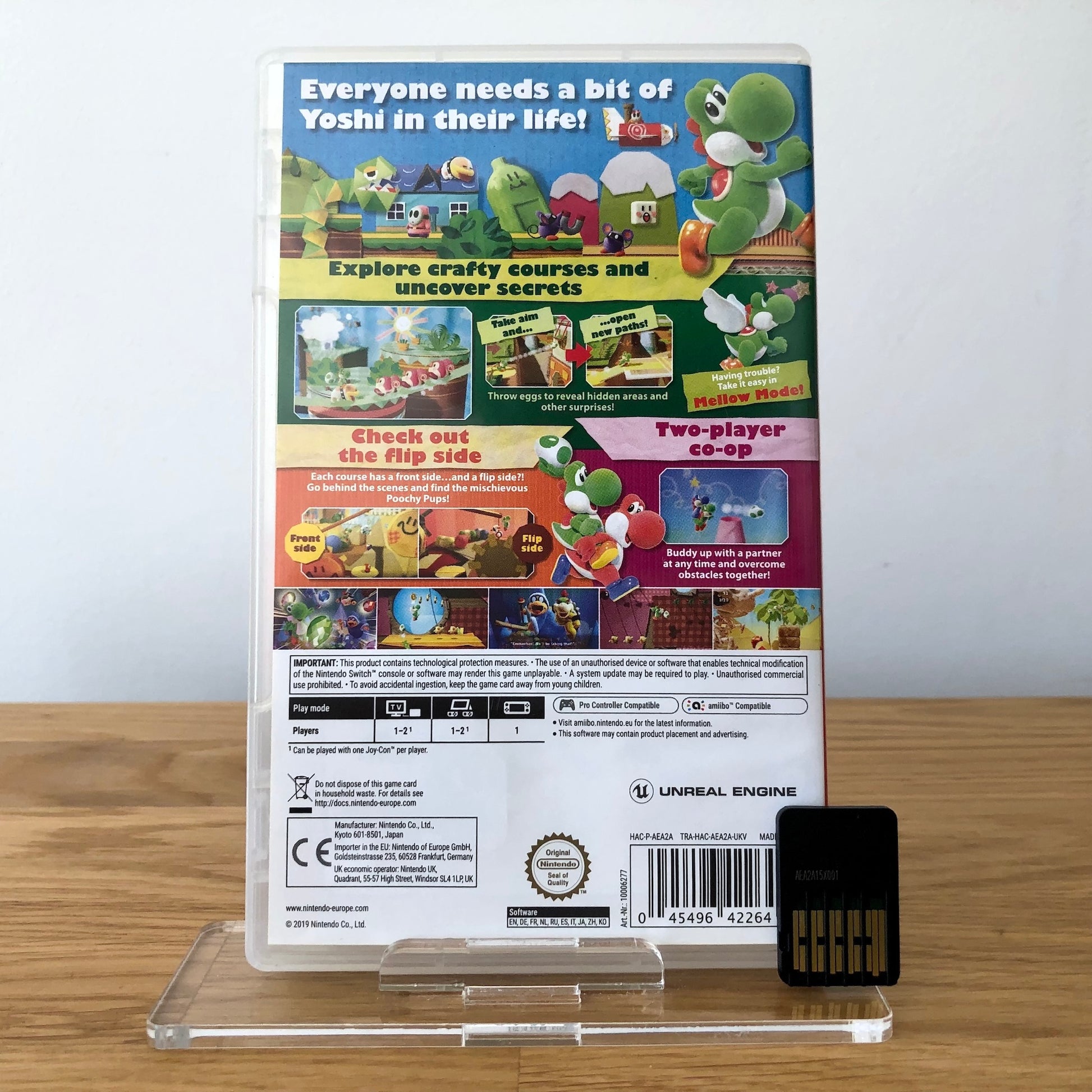 Back cover of Yoshi's Crafted World for Nintendo Switch, showing game details, features, and back of cartridge.