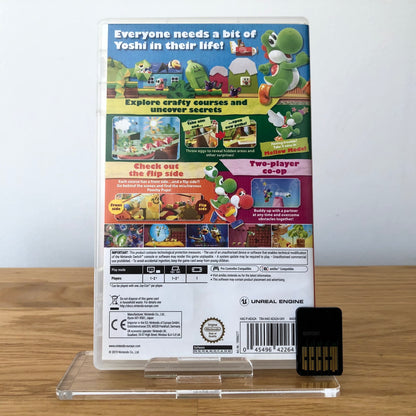 Back cover of Yoshi's Crafted World for Nintendo Switch, showing game details, features, and back of cartridge.