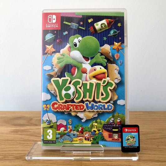Front cover of Yoshi's Crafted World for Nintendo Switch, featuring game artwork, title, and front of cartridge.