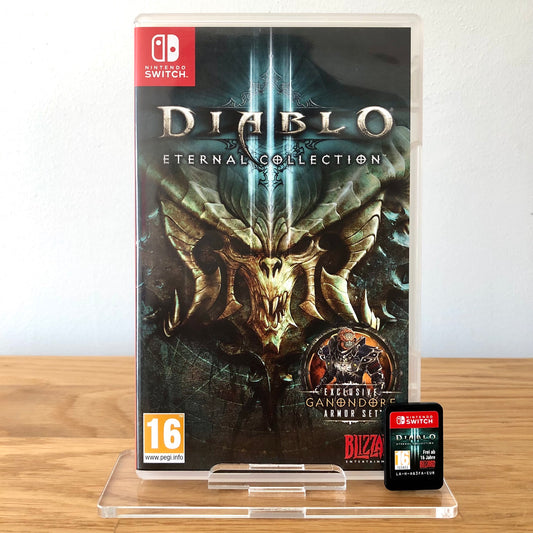 Front cover of Diablo III: Eternal Collection for Nintendo Switch, featuring game artwork, title, and front of cartridge.