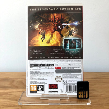 Back cover of Diablo III: Eternal Collection for Nintendo Switch, showing game details, features, and back of cartridge.