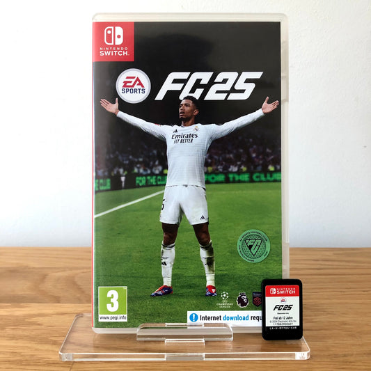 Front case cover of FC 25 for Nintendo Switch, featuring game artwork, title, and front of cartridge.