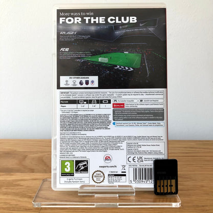 Back case cover of FC 25 for Nintendo Switch, showing game details, features, and back of cartridge.