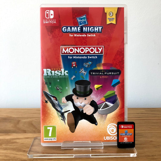 Front case cover of Hasbro Game Night for Nintendo Switch, featuring game artwork, title, and front of cartridge.