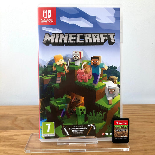 Front case cover of Minecraft for Nintendo Switch, featuring game artwork, title, and front of cartridge.