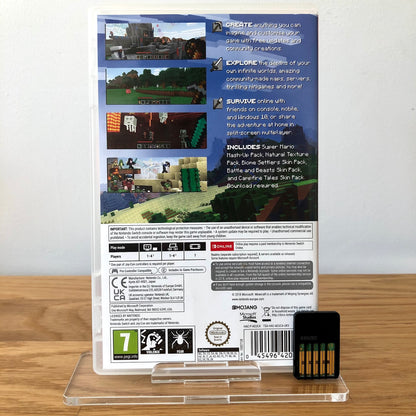 Back case cover of Minecraft for Nintendo Switch, showing game details, features, and back of cartridge.