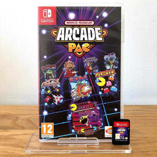 Front case of Namco Museum Arcade PAC for Nintendo Switch, featuring game artwork, title, and front of cartridge.