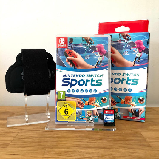 Front case cover of Nintendo Switch Sports and Leg Straps, featuring game artwork, title, and front of cartridge.