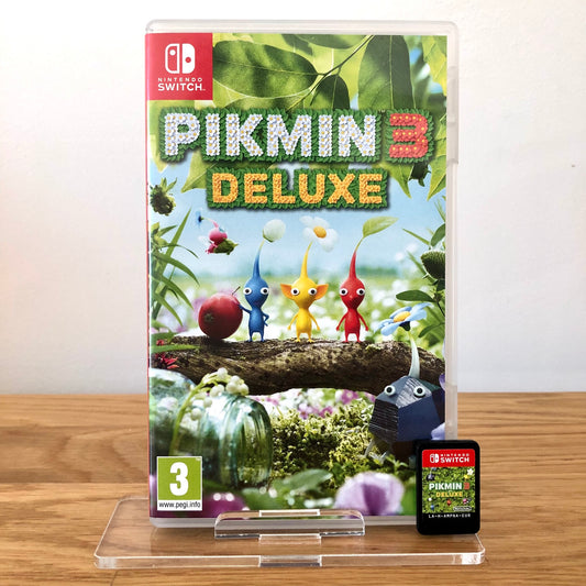 Front case cover of Pikmin 3 Deluxe for Nintendo Switch, featuring game artwork, title, and front of cartridge.