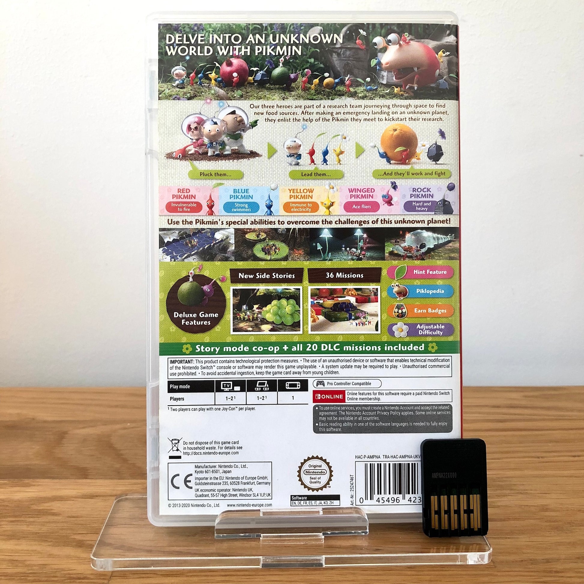 Back case cover of Pikmin 3 Deluxe  for Nintendo Switch, showing game details, features, and back of cartridge.