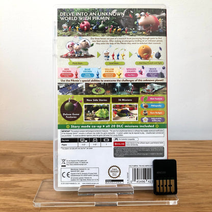 Back case cover of Pikmin 3 Deluxe  for Nintendo Switch, showing game details, features, and back of cartridge.