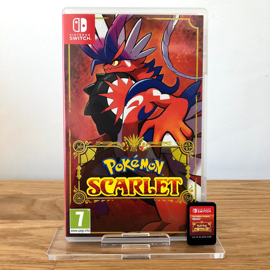 Front case cover of Pokémon Scarlet for Nintendo Switch, featuring game artwork, title, and front of cartridge.