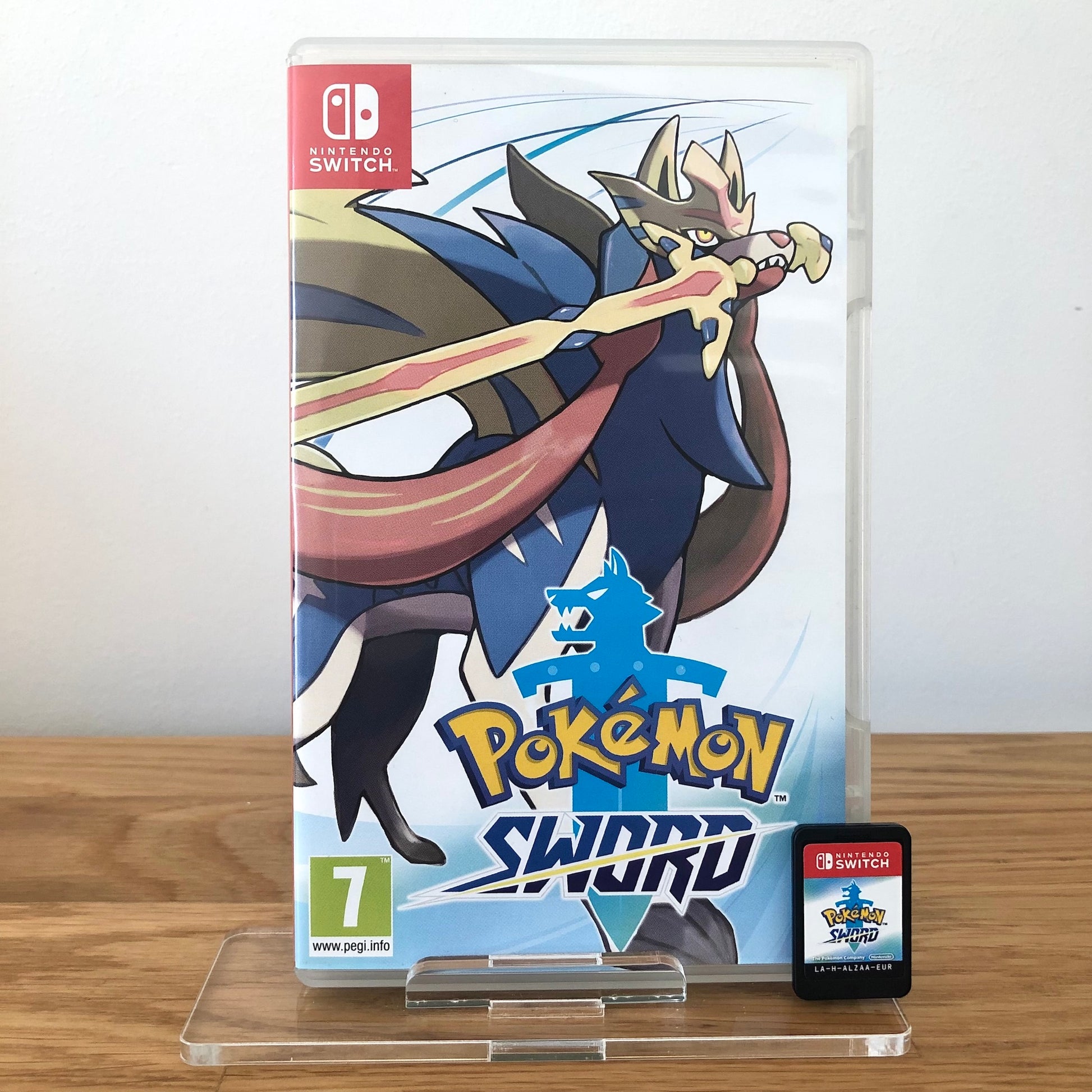 Front case cover of Pokémon Sword for Nintendo Switch, featuring game artwork, title, and front of cartridge.