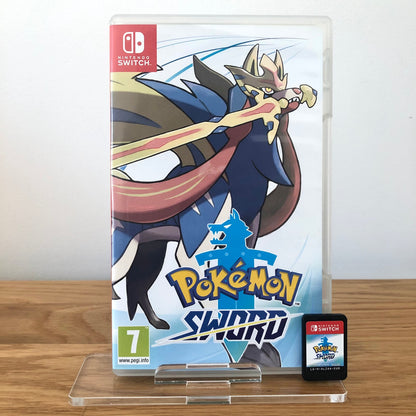 Front case cover of Pokémon Sword for Nintendo Switch, featuring game artwork, title, and front of cartridge.